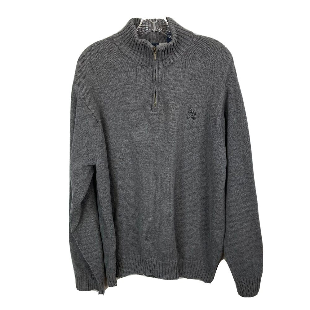 Izod‎ Sweater Mens Sz XL Gray Cotton Knit 1/4 Zip Mock Neck Pullover Logo